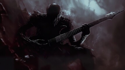 Obraz premium Dark Guitarist Silhouette in Fog: A Surreal Music Artwork