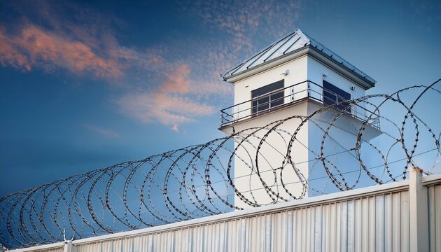 Prison watchtower protected by wire of prison fence.White prison wall and guard tower with coiled barbed wire.Criminal justice imprisonment concept. Created with Generative AI technology.