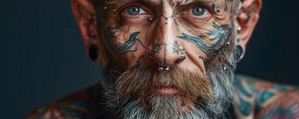 Close-up portrait of elderly man with detailed facial tattoos and piercings. Free copy space for banner.