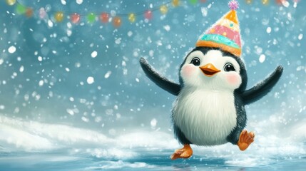 A cute penguin in a colorful birthday hat, joyfully running across the ice, celebrating its special day in a snowy wonderland.