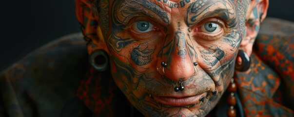 Close-up portrait of elderly man with detailed facial tattoos and piercings. Free copy space for banner.