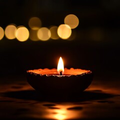 A single candle burning brightly in the dark, with soft bokeh lights in the background, evoking a sense of warmth and tranquility.