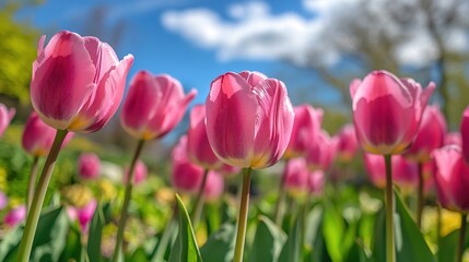 Vibrant Pink Tulips in Full Bloom Under Bright Sky
