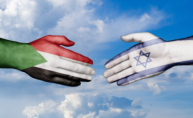 Israel and Sudan country handshaking with flags, consensus concept international co-operation illustration
