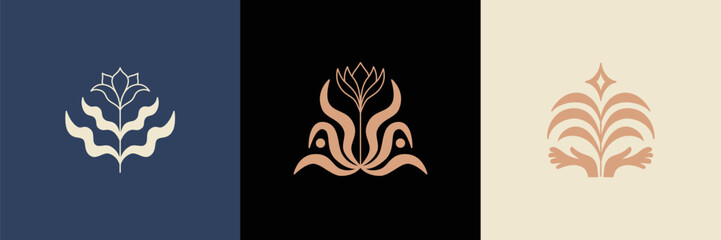 Vector set of logo design templates and graphic elements, organic cosmetic, floral illustration in simple linear hand drawn style, plants and flowers, natural products emblems