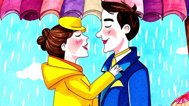 "Couple romantique s'embrassant sous la pluie, illustration color&eacute;e"

