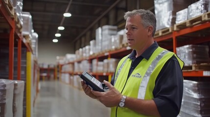 A warehouse manager wearing a reflective safety vest inspects packages on metal shelving racks using a barcode scanner in a spacious storage area