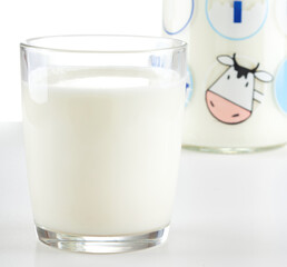 Glass of milk with milk bottle in the background