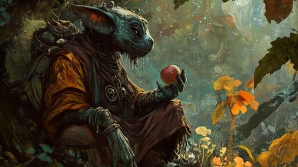 Fantasy Creature Holding an Apple in a Forest