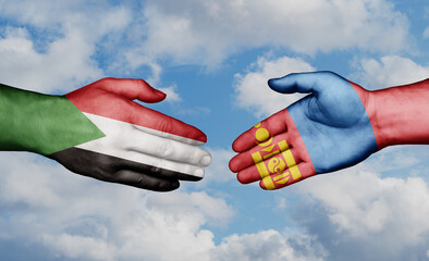 Mongolia and Sudan country handshaking with flags, consensus concept international co-operation illustration