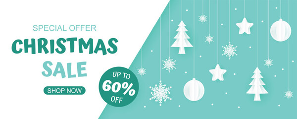 Modern holiday sale design with paper cutout Christmas decorations