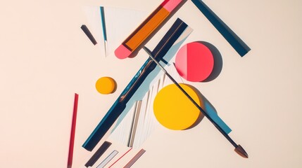 Abstract art supplies rendered in clean, minimalistic forms, each tool simplified into geometric shapes and lines, floating in a flat, modern layout.