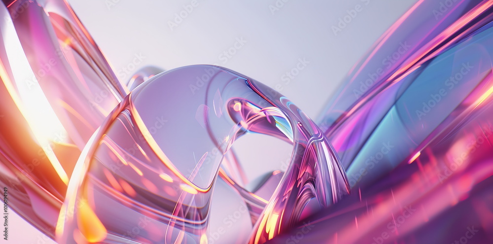 Fototapete 3D render of an abstract futuristic background with holographic glass elements and curved lines on a white background
