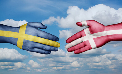 Denmark and Sweden country handshaking with flags, consensus concept international co-operation illustration