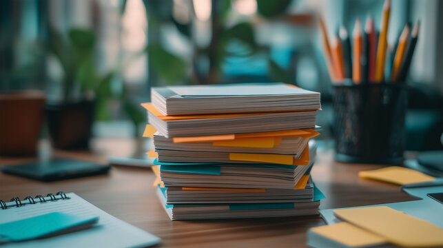 A stack of yellow and blue notebooks with yellow post it notes on top