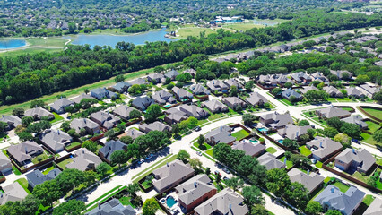 Large lake, pond, walking trails in lush green suburban park, upscale residential neighborhood...