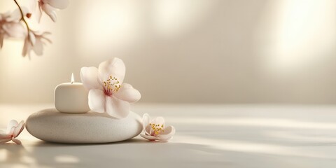 A serene arrangement of a candle and delicate flowers, promoting tranquility and relaxation in an elegant setting.