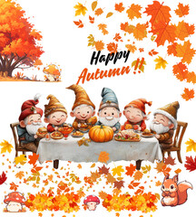 Happy Autumn,Thanksgiving Gnomes Family, Gnomes with Pumpkin, Autumn Leaves Gnomes, Thanksgiving Gnomes Art, Happy Thanksgiving Gnomes Pumpkin and Gnome Design, Gnomes in Autumn Leaves