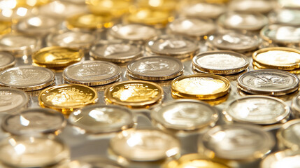 A pile of coins with a gold and silver color