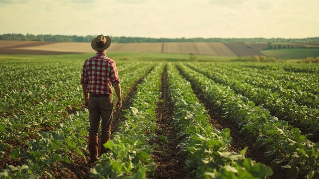 Farmer in field diverse crops bright day minimal elements copy space
