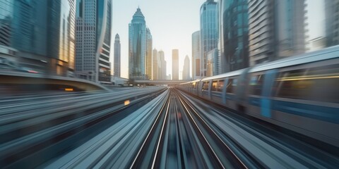 Fototapeta premium A dynamic shot of a high-speed train in motion, with a blurred cityscape background