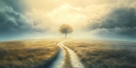 A serene landscape featuring a solitary tree under a dramatic sky, surrounded by golden grass and a meandering path.