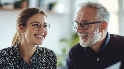 A happy young businesswoman presenting a project to a mature man in a modern office, soft natural light,   ideal for business collaboration and mentorship themes.