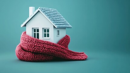 House wrapped in a knitted scarf symbolizing warmth and energy efficiency. Simple background clean design for a winter heating and energy banner.