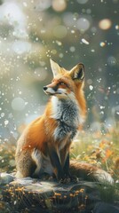 Obraz premium A fox is sitting on a rock in a field. The fox is looking to the right. The image has a peaceful and serene mood