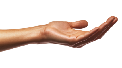 A person extending their hand with an open palm against a plain background during daylight
