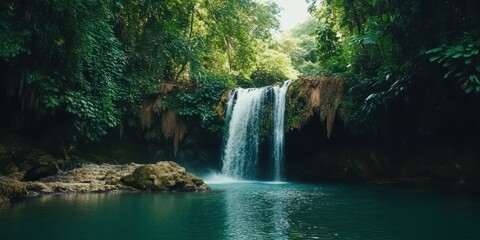 Fototapeta na wymiar A serene waterfall cascades into a tranquil pool, surrounded by lush greenery, creating a peaceful retreat in nature.