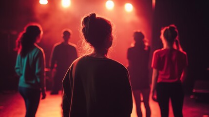 Diverse actors rehearsing scene theater background soft lighting minimal details