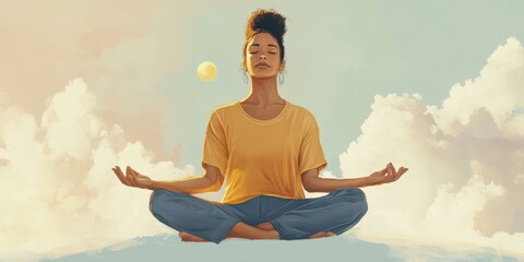 A serene woman meditates in a tranquil setting, embodying peace and mindfulness, surrounded by soft clouds and warm sunlight.