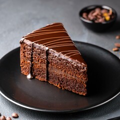 A delectable slice of rich chocolate cake features a shiny milk chocolate drizzle on top, elegantly presented on a black plate atop a grey table