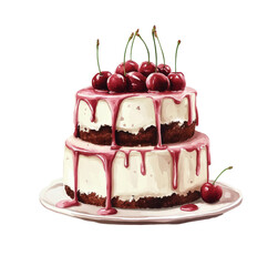 Two-tiered vanilla cake topped with fresh cherries and creamy frosting on a white background