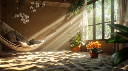 A sand room with a hammock chair and a potted orchid Soft light filters through a Dutch window