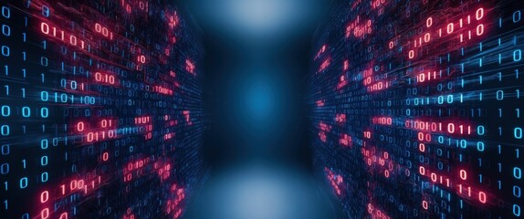Obraz premium Futuristic digital environment showcasing a corridor filled with glowing binary code, representing technology and data visualization concepts