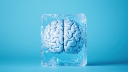 A human brain encased in a block of ice, symbolizing concepts of cryonics, preservation, and medical science on a blue background.