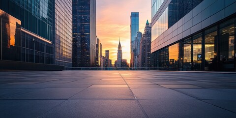 Fototapeta premium A stunning urban sunset view showcasing skyscrapers and vibrant city life, perfect for architectural or cityscape themes.