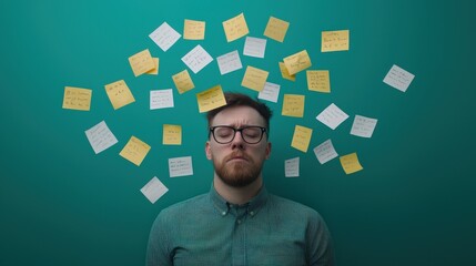 A focused man in glasses, surrounded by sticky notes on a green wall, organizing thoughts and tasks. Concept of brainstorming and productivity.