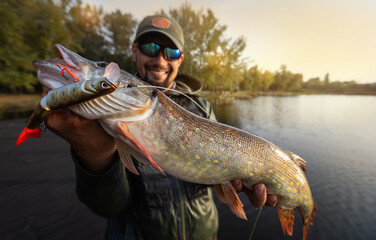 Fisherman and trophy Pike. Fishing background.