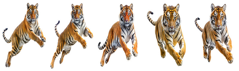 Obraz premium Tiger jumping bundle set PNG, isolated on transparent background. Great for wildlife designs