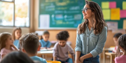 A teacher engages with students in a bright classroom, fostering an inspiring learning environment.