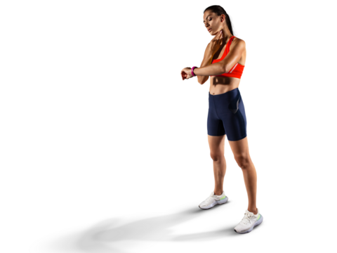 Beautiful woman, fitness and runner checking watch for monitoring exercise, workout or sports track time.	 Sports transparent background. 