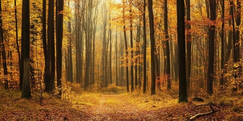 Obraz premium A tranquil forest path surrounded by vibrant golden leaves, creating a serene autumn atmosphere full of beauty and peace.