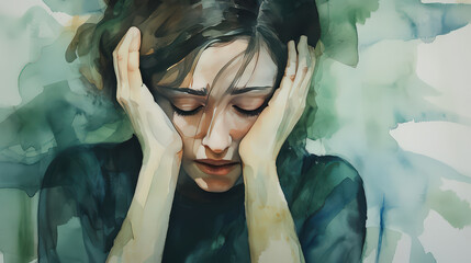 oil paint and watercolour, a woman with mental health ,Depressed woman sitting holding head in hands, stressed sad young woman having mental problems,Domestic Violence and Trafficking