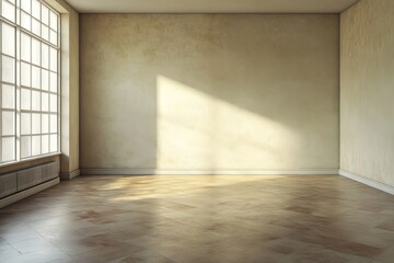 A spacious, empty room with sunlight streaming through a large window, highlighting the wooden floor and minimalist design.