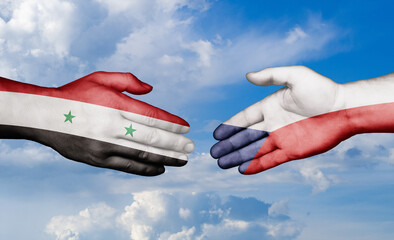 Czech Republic and Syrian country handshaking with flags, consensus concept international co-operation illustration