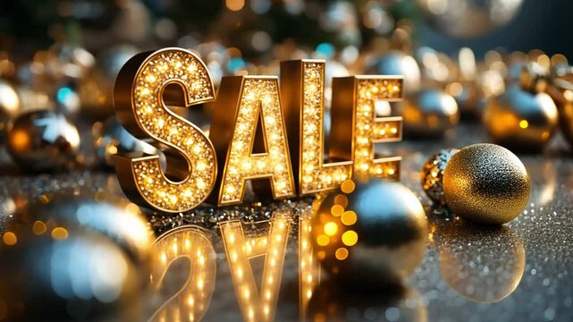 Bright holiday sale display featuring golden ornaments and sparkling lights in a festive atmosphere