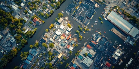 Aerial View of Flooded City Streets and Submerged Houses